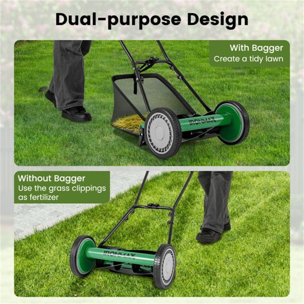 imerelez Manual Lawn Mower, 16 Inch 5-Blade Cordless Manual Reel Lawn Mower with Grass Catcher Bag, Adjustable Cutting Height 1.34-2.52 in, Walk-Behind Lawn Mowers for Yard Garden