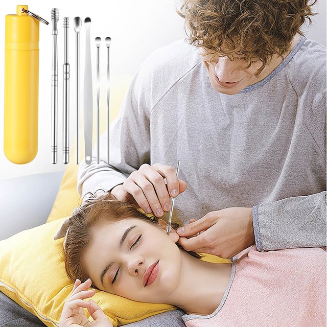 Juego de 6 piezas de acero inoxidable para limpiar oídos: limpiador de oídos portátil con resorte y cepillo para película protectora de vidrio.
