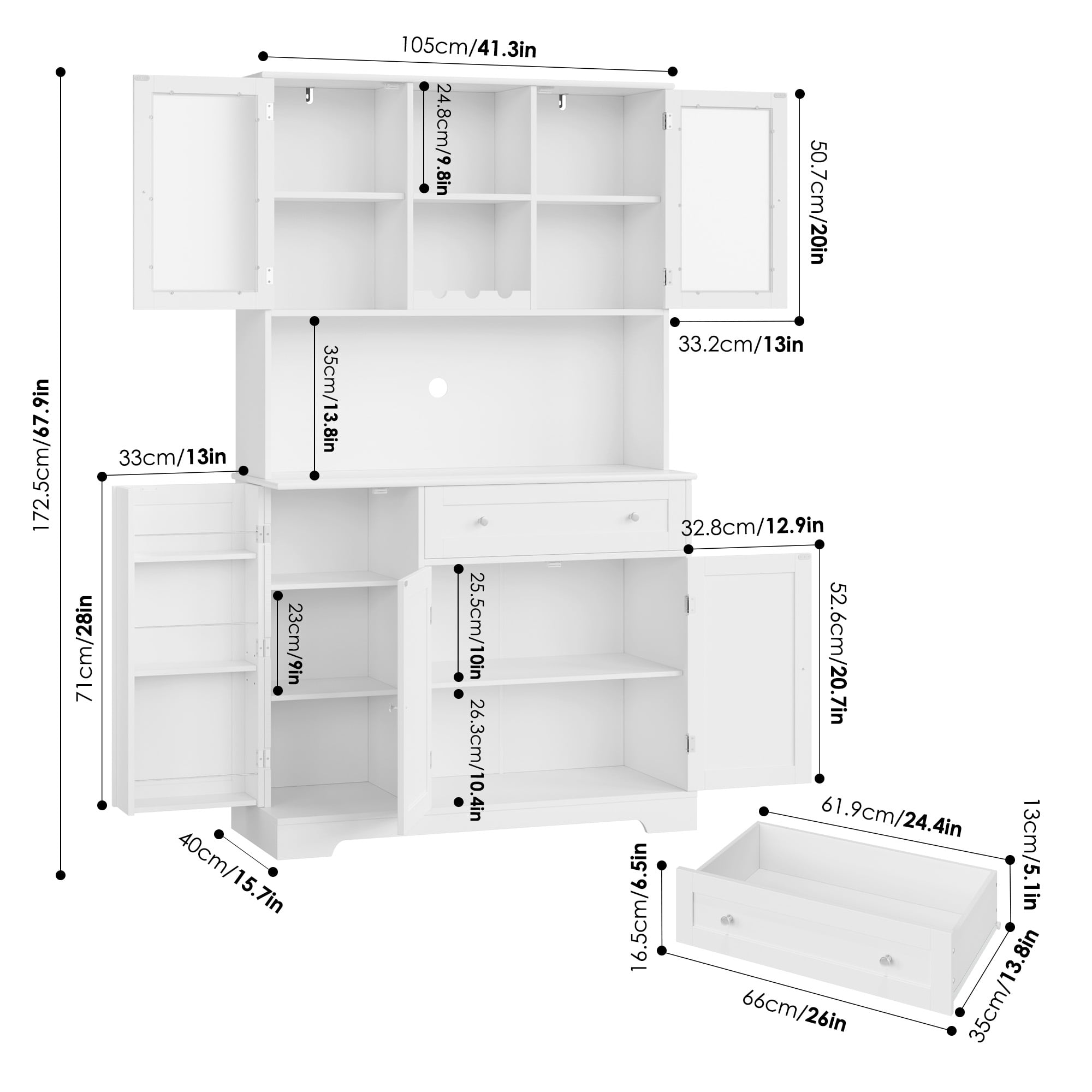 Homfa Kitchen Cabinet with Food Shelf, 5 Doors Floor Cupboard with Drawers and Countertop, 68'' Storage Pantry for Dining Room, White