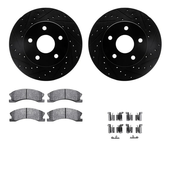 Dynamic Friction Company Front Brake Rotors-Drilled and Slotted-Black with Heavy Duty Brake Pads includes Hardware 8212-42096