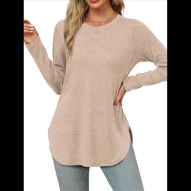 Camisa de Larga con Cuello Redondo para Mujer, Básica, Holgada, Informal Albaricoque XXL