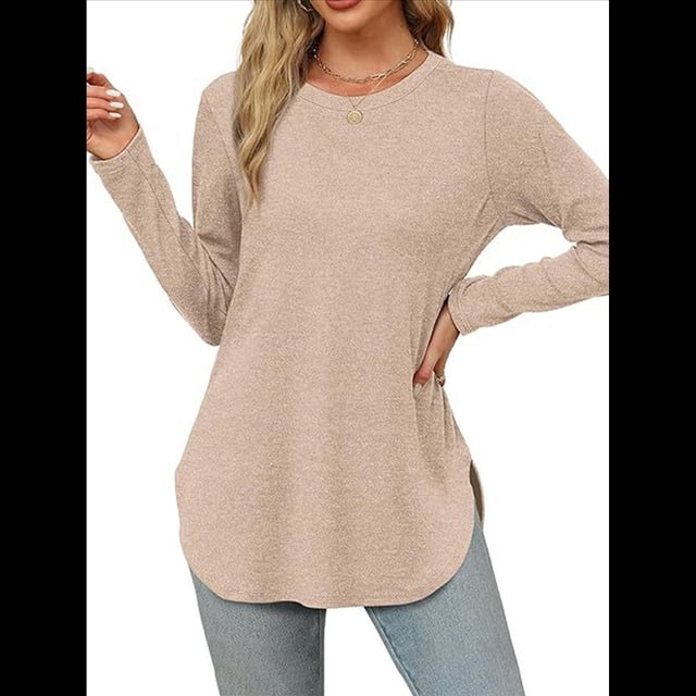 Camisa de Larga con Cuello Redondo para Mujer, Básica, Holgada, Informal Albaricoque XXL