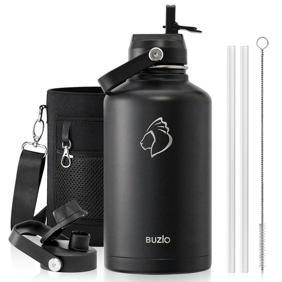 BUZIO 64oz Insulated Water Bottle, Stainless Steel Half Gallon Metal Jug (Cold for 48 Hrs) Triple Wall Large Leakproof Wide Mouth