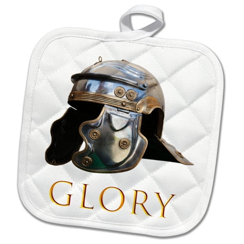 3dRose, Ancient Roman military helmet on white. Golden text GLORY, 8x8 Potholder