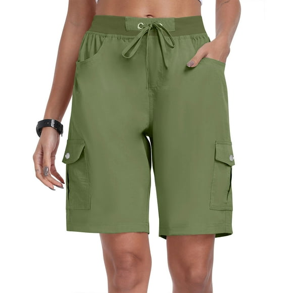 LOVZFMLL Womens Shorts With Pockets Loose Casual Dressy Lightweight Ladies Baggy Cargo Shorts Pants For Hiking Green L