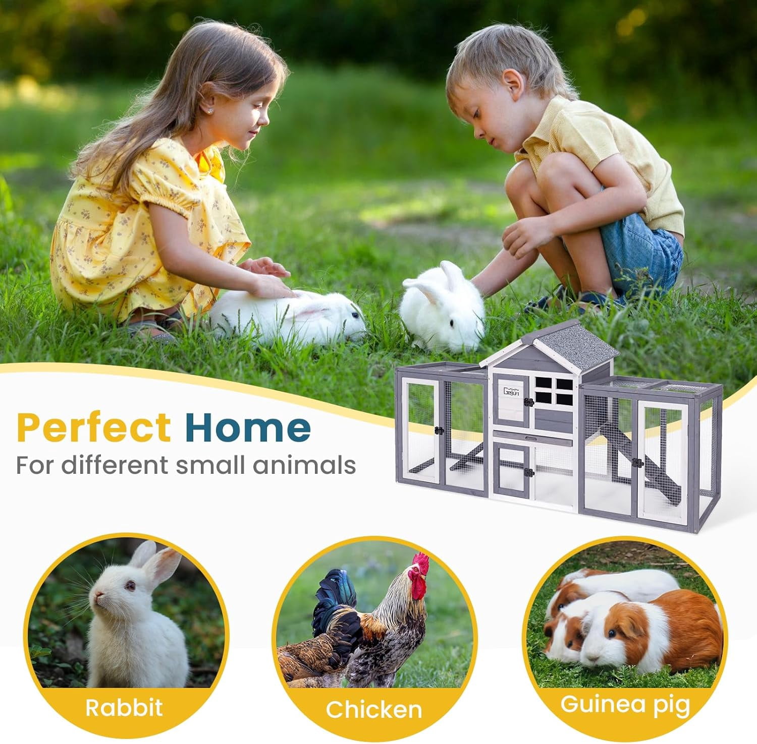 GEGURI Chicken Coop Outdoor, Rabbit Hutch Indoor, Bunny Cage with Waterproof Roof, Pull Out Tray, Predator-Resistant Fencing