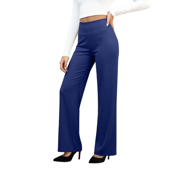 Pull On Dress Pants Women Stretch Tummy Control Wide Leg Yoga Pants High Waisted Work Trousers Business Casual Slacks Blue M