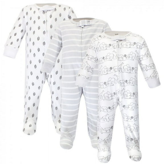 Touched by Nature Baby Organic Cotton Zipper Sleep and Play 3pk, Safari, 0-3 Months