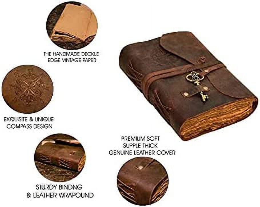 RUZIOON Antique Handmade Compass Vintage Leather Journal - Bound Journal With Deckle Edge Paper Diary - Leather Sketchbook - Drawing Journal Notebook - Great Gift Men And Women (6X8 Inch)