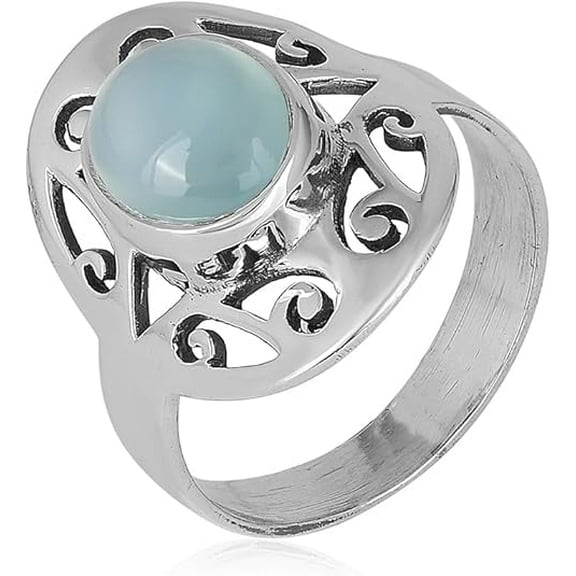 Natural Blue Chalcedony Oval Cabochon Ring in 925 Oxidized Sterling Silver | Handmade Bezel Set | 2.78 Ct Gemstone (7)