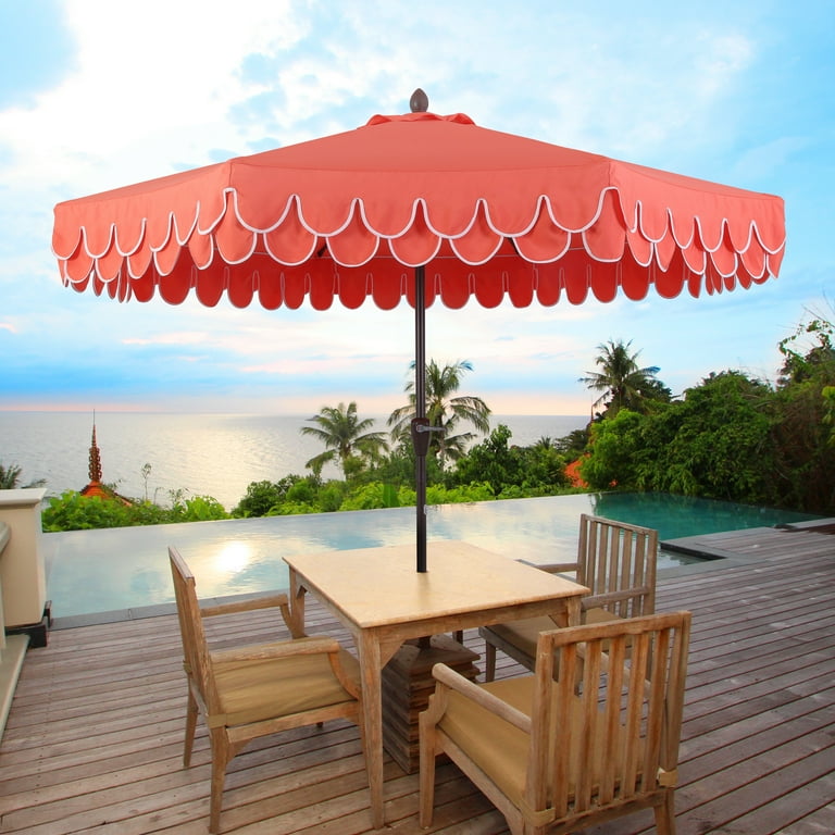 coral patio umbrella JONATHAN Y Tracy 9 ft. Market Patio Umbrella, Classic Mid-Century Scalloped  Fringe, with Auto-Tilt Crank, Wind Vent and UV Protection, Coral