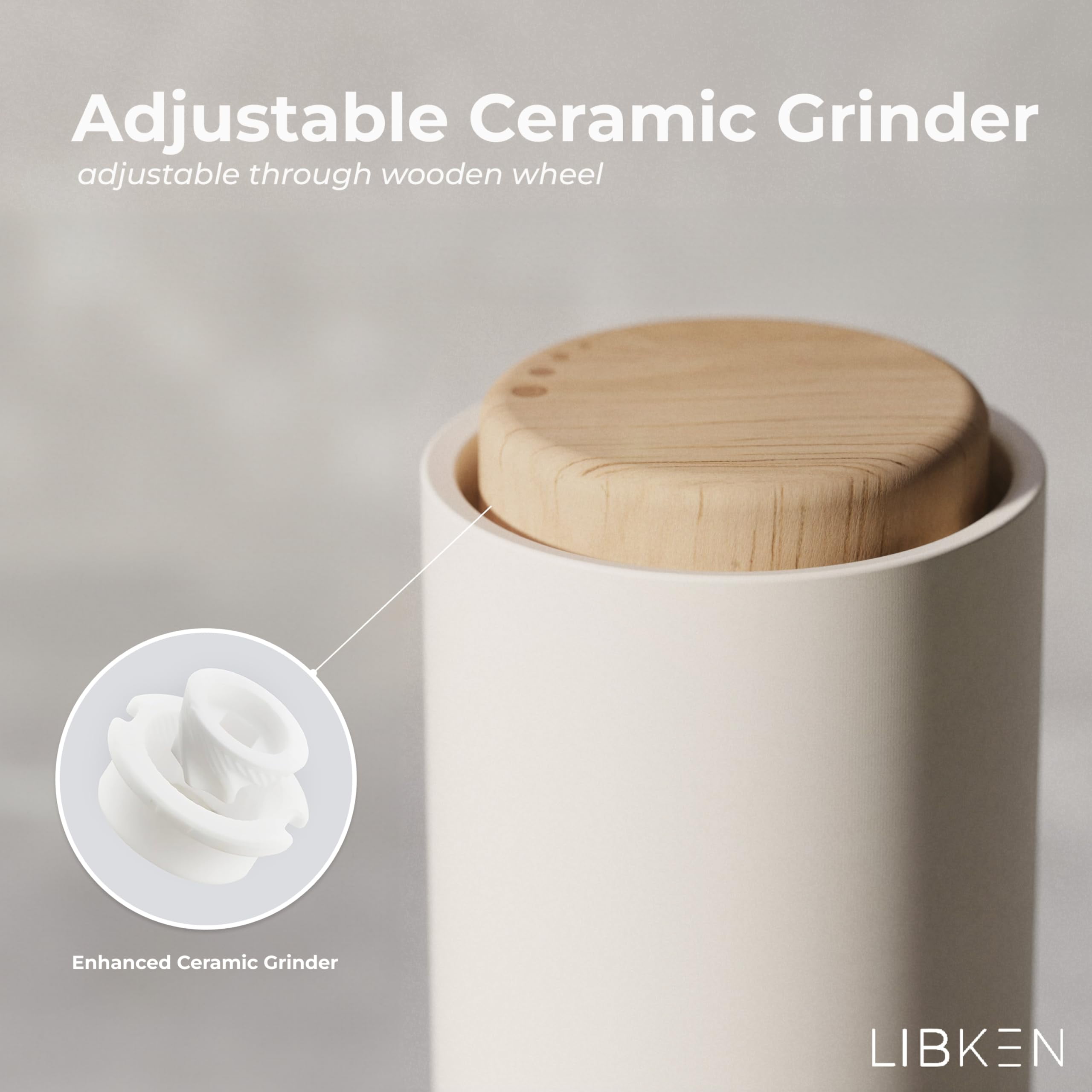 LIBKEN - Salt and Pepper Grinder Set - Adjustable Ceramic Grinder - Premium Spice Shaker - Condiments Dispenser - Easy to Refill - Wood and soft coated plastic - 6.2 x 2.2 inch (White and Grey)