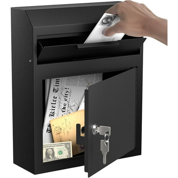 Extra Large Wall Mounted Mailbox Drop Box with Lock - Metal Postbox Wall Hanging Mail Box for Outside (12'' x 4.25'' x 14.75'')(Black)
