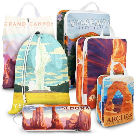 Compression Packing Cubes for Suitcases, 6 Set Travel Luggage Organizer Bags, Lightweight Waterproof National Parks Packing Cubes as Travel Accessories for Women