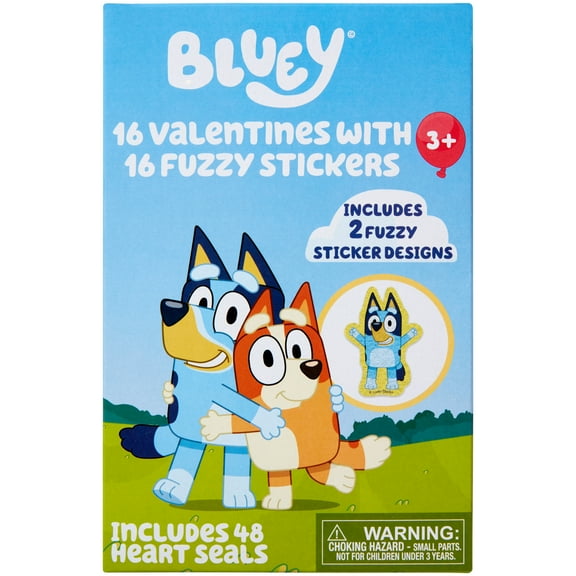 Bluey Valentine Exchange Cards with Fuzzy Stickers, Blue, Paper, Classroom, 16 Count