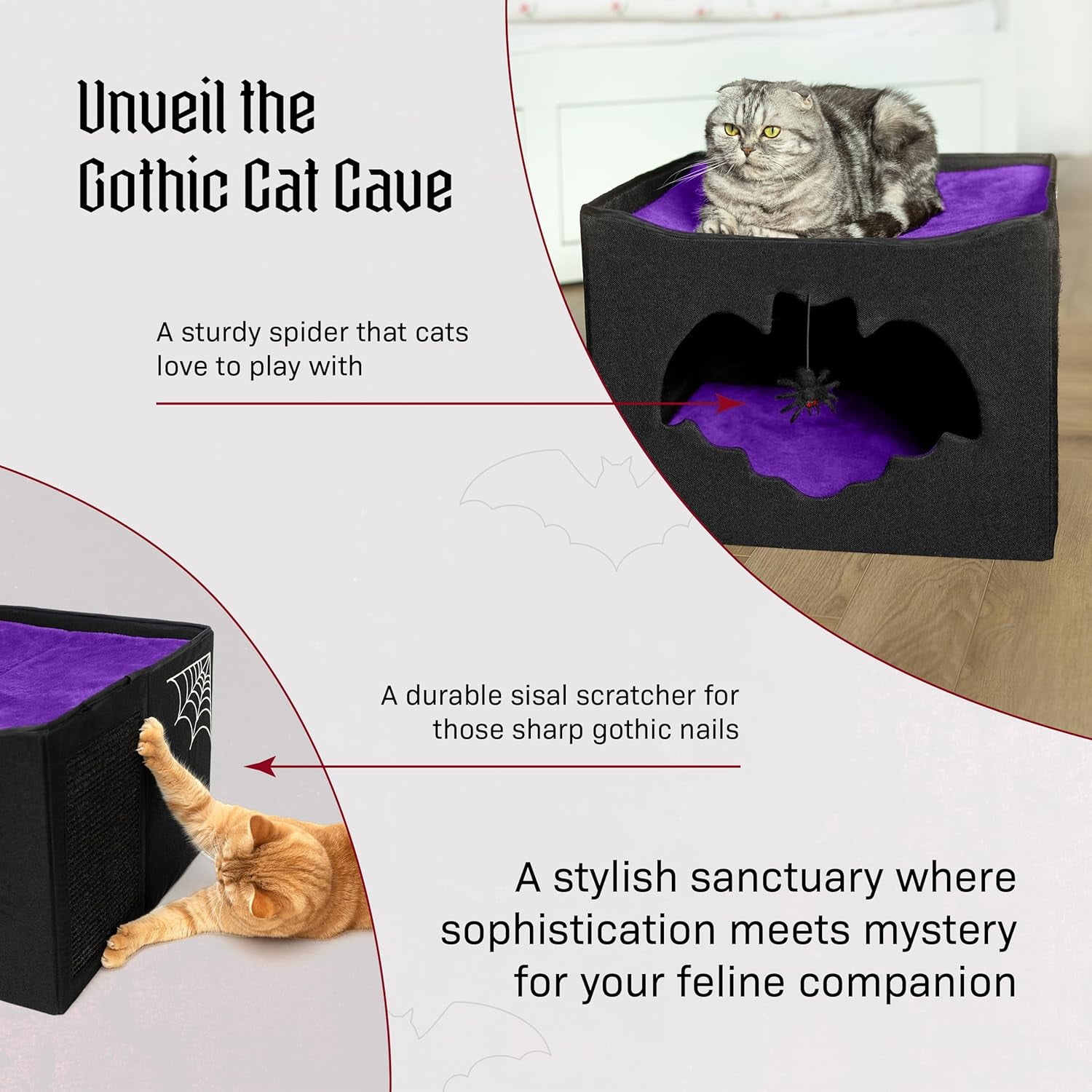 Gothic Cat Bed for Indoor Cats or Pets, Foldable Cat Halloween House 17x17x12.8, Includes Bat-Shaped Entry, Spider Toy, Scratch Pad, and Soft Cushion for Goth Cat, Black and Purple Gothic Cat House