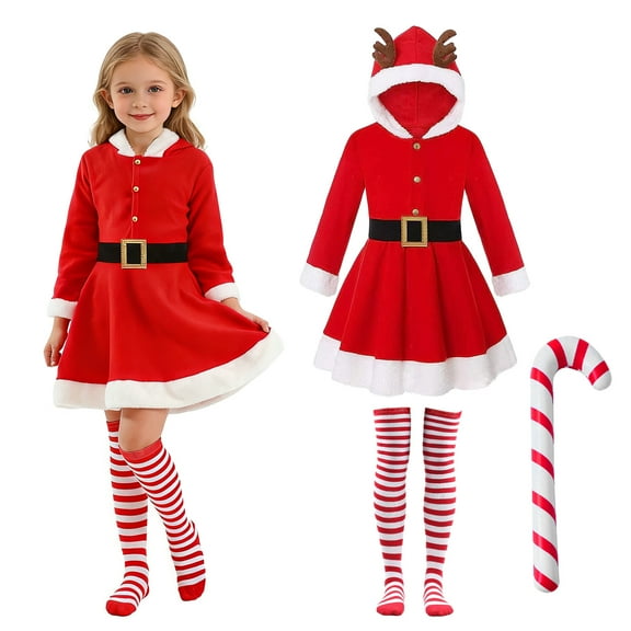Alaiyaky Santa Claus Costume Christmas Costume Santa Claus Dress Red Button Hood with Deer Antlers Holiday Party Show Christmas Theme Costume Dress with Belt
