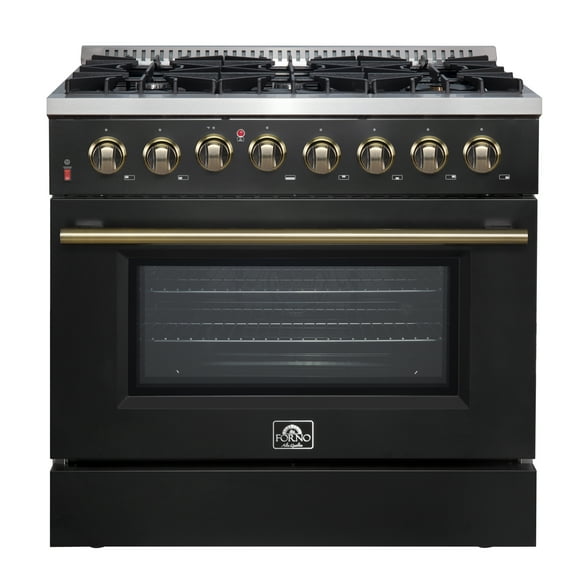 Forno Galiano 36-inch Dual Fuel Range in Black Antique Brass Design, 6 Sealed Burners 83,000 BTU, 5.36 cu.ft. True Convection Oven
