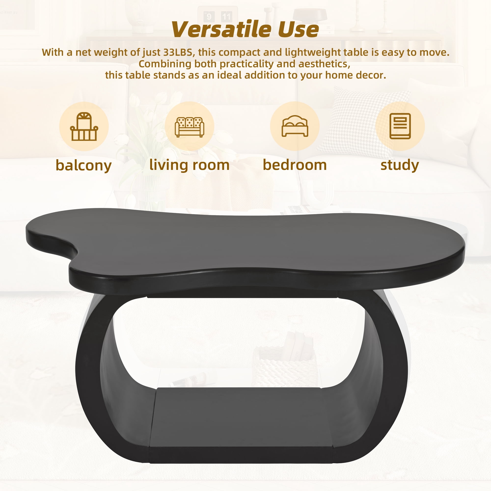 Euroco Charming Irregular-Shaped Coffee Table with Curved Legs, Cloud-Shaped Top, and Smooth MDF Surface – Compact & Easy Assembly for Living Room, Bedroom, or Balcony