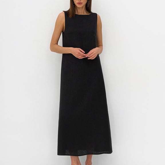 Qulqfy Maxi Womens Dresses Wedding Guest Cotton Linen Solid Sleeveless Square Neck Casual Black Beach Vacation Work Sundresses L