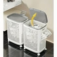 thumbnail image 3 of Perforated Plastic Rolling Laundry Hamper with Lid - 70L Large Capacity Mobile Storage Basket, White Portable Laundry Basket with Handle for Home Use, 3 of 7