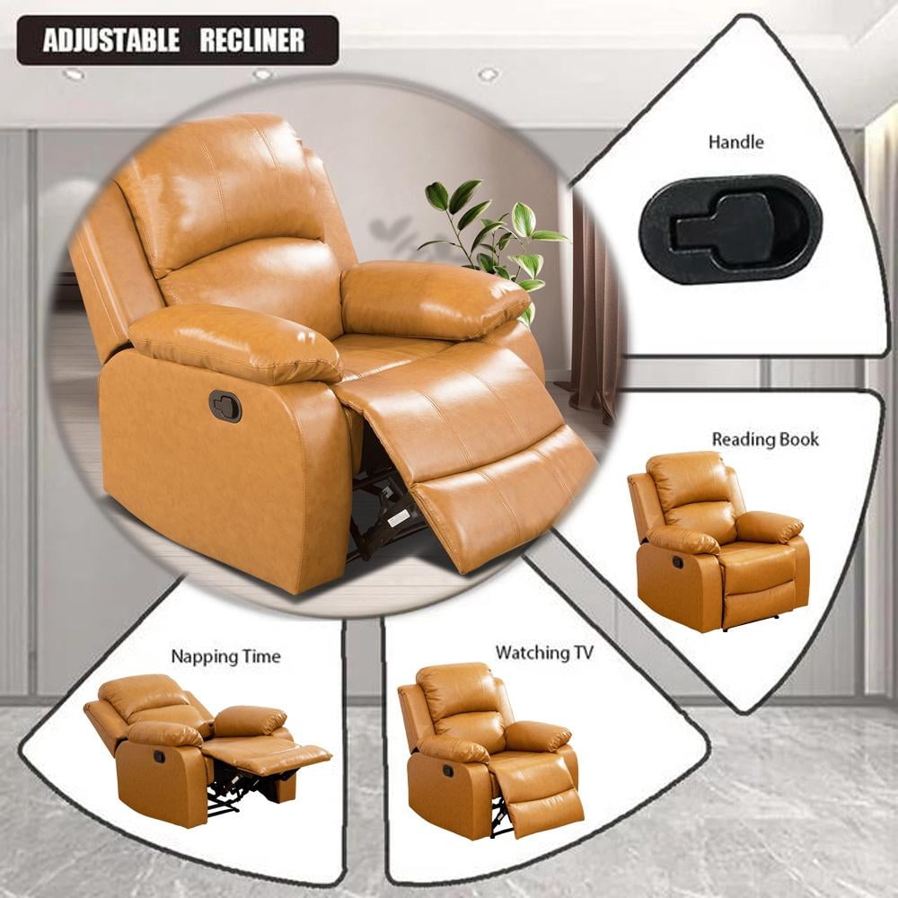 Gewnee Manual Recliner Chair, Overstuffed Faux Leather Single Sofa for Living Room Bedroom,Brown