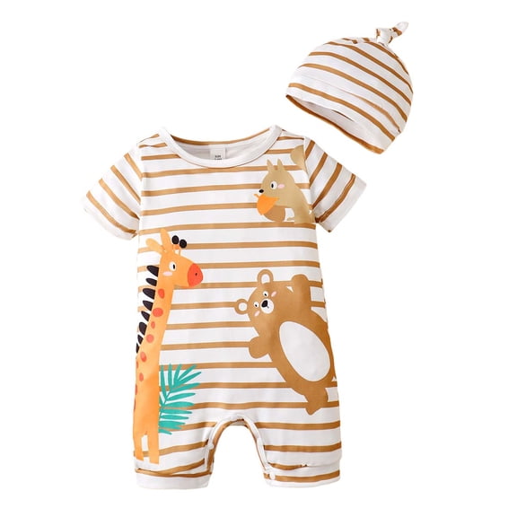 Kucnuzki Newborn Baby Boy Clothes 9 Months Summer Jumpsuit Bodysuit 12 Months Short Sleeve Animals Prints Striped Bodysuit Hat 2PCS Set Brown