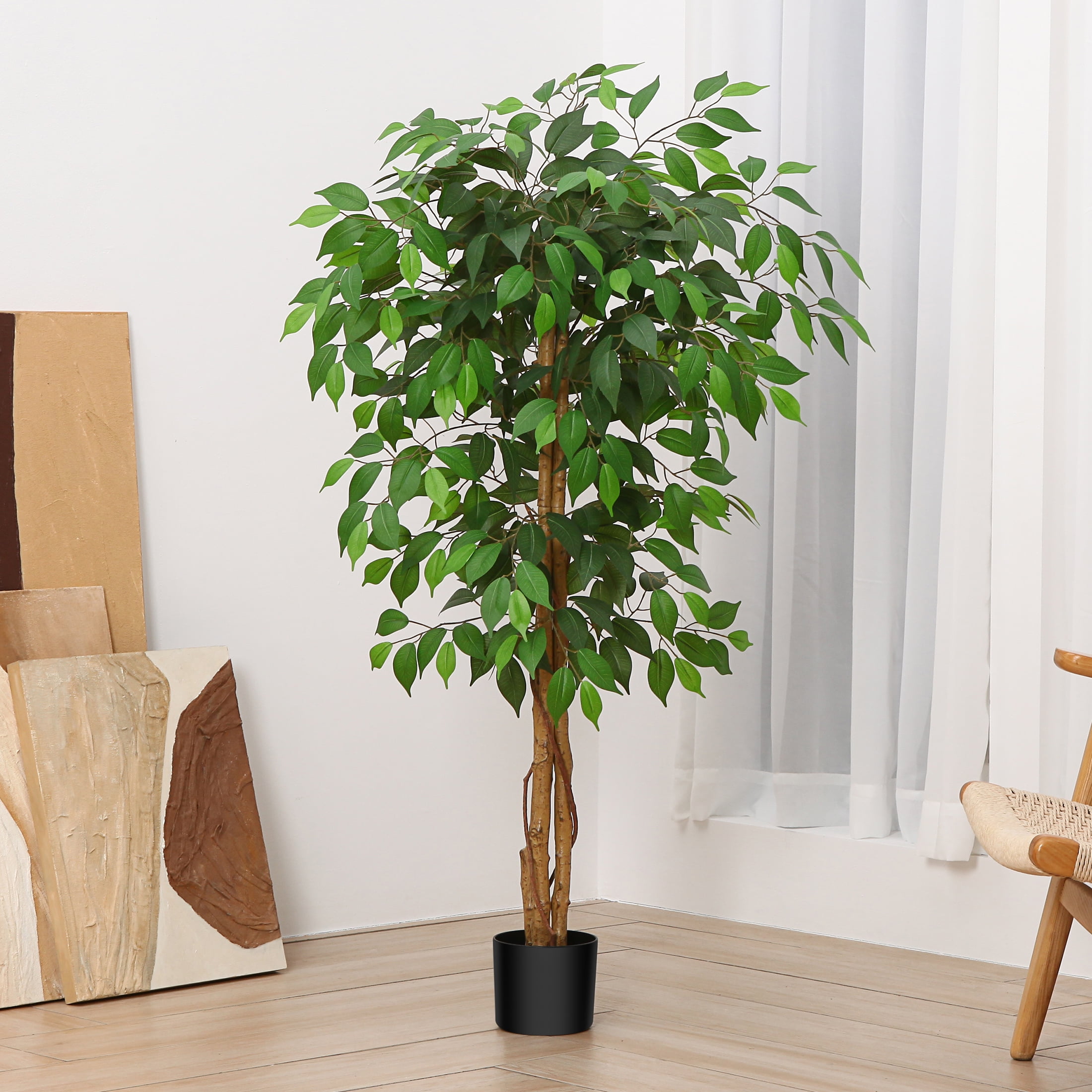 4 ft Ficus Artificial Trees with Realistic Leaves and Natural Trunk, Silk Fake Ficus Tree with