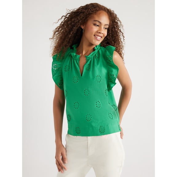 Free Assembly Women's Cotton Sleeveless Flutter Eyelet Top, Sizes XS-XXL