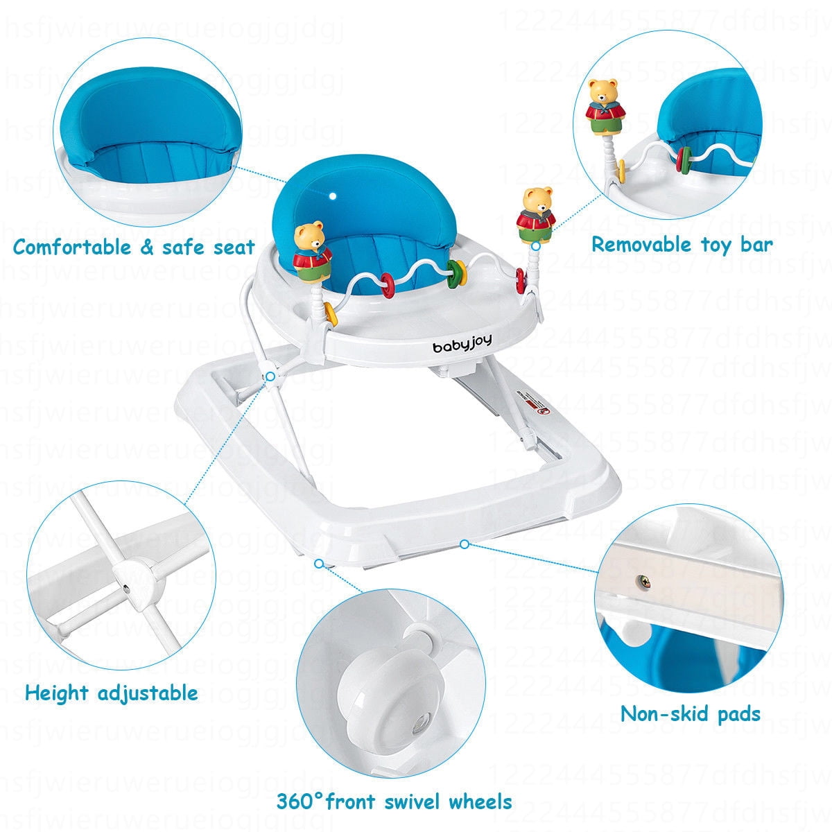Costway Baby Walker Adjustable Height Removable Toy Wheels Folding Portable Blue