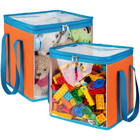 Jaffzora 2 Pack 12 inch Foldable Pvc Cube Storage Bins with Transparent Lids & Handles, Toy Organizer for Dolls Clothes Books, Orange