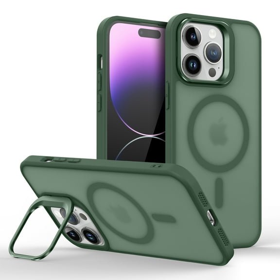 Kickstand Case for iPhone 14 Compatible with MagSafe, Built-in Metal Adjustable Camera Bracket, Translucent Matte Back Slim Shockproof Phone Cover, Support Magnetic Car Mount, Darkgreen