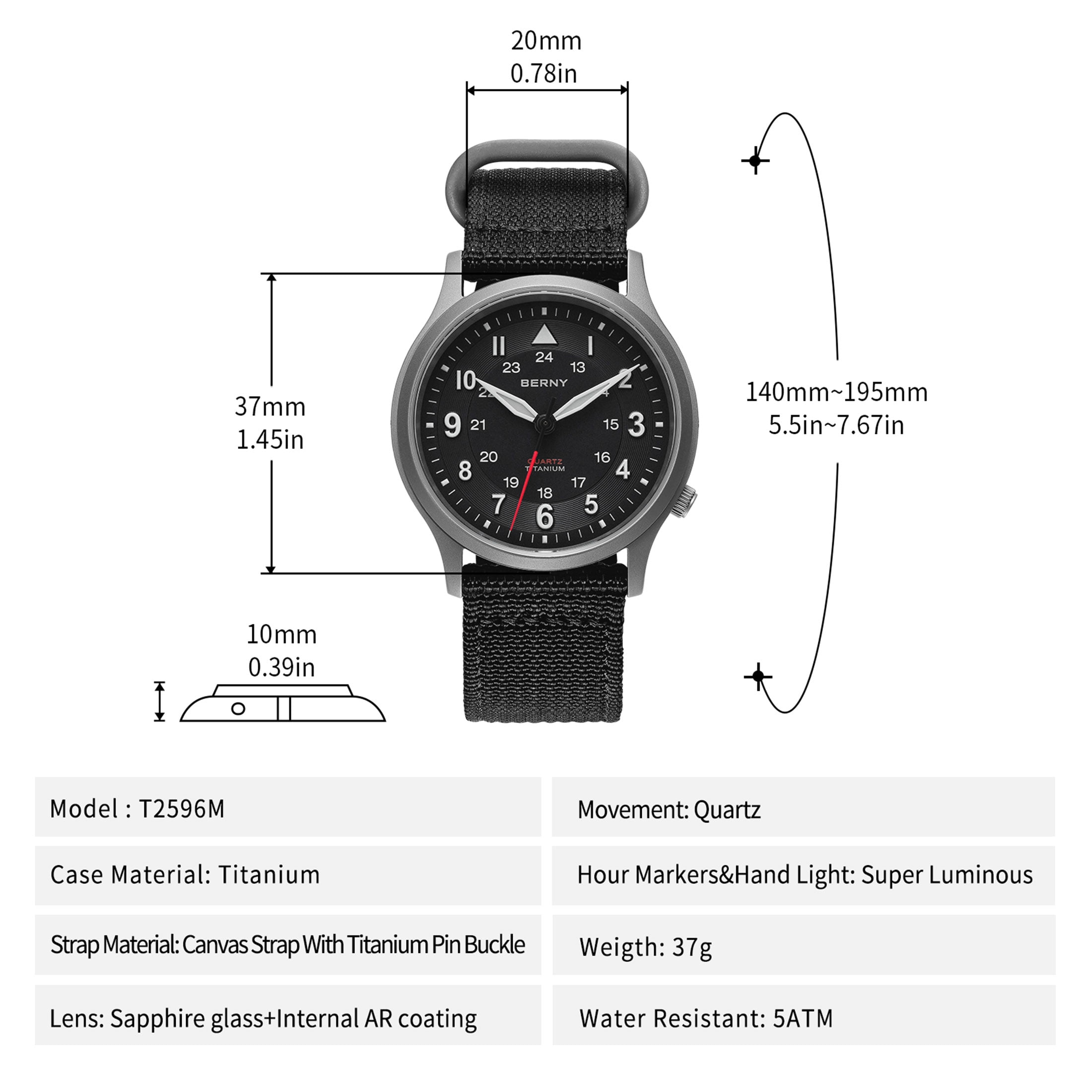 BERNY Titanium Watches for Men, Japanese Quartz Movement Men's Field Watch, 5ATM Waterproof Military Wristwatch for Men, Analog Sport Watches, Black