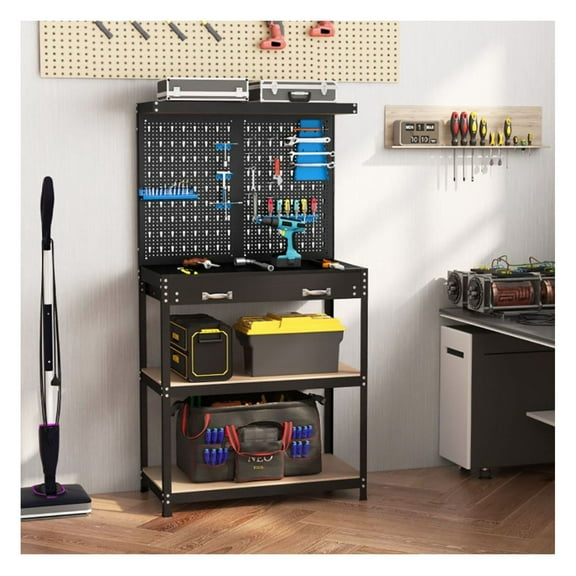 Tool Storage Workbench with Pegboard, 14 Accessories for Garage, Workshop - Heavy Duty Metal Frame, 2 Drawers, Shelves, Black   Blue