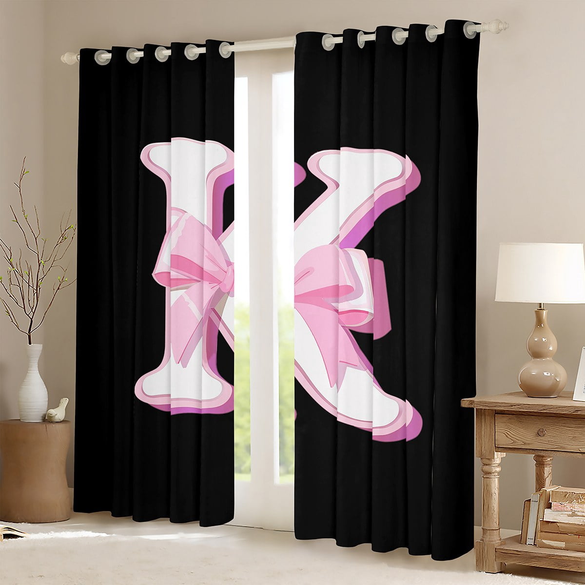 Erosebridal Monogrammed K Curtains Pack of 2 (38x54), Initial Letter 30%-50% Black Out Curtains, Pink Bow Curtains for Living Room, Window Curtains Bedroom Decor