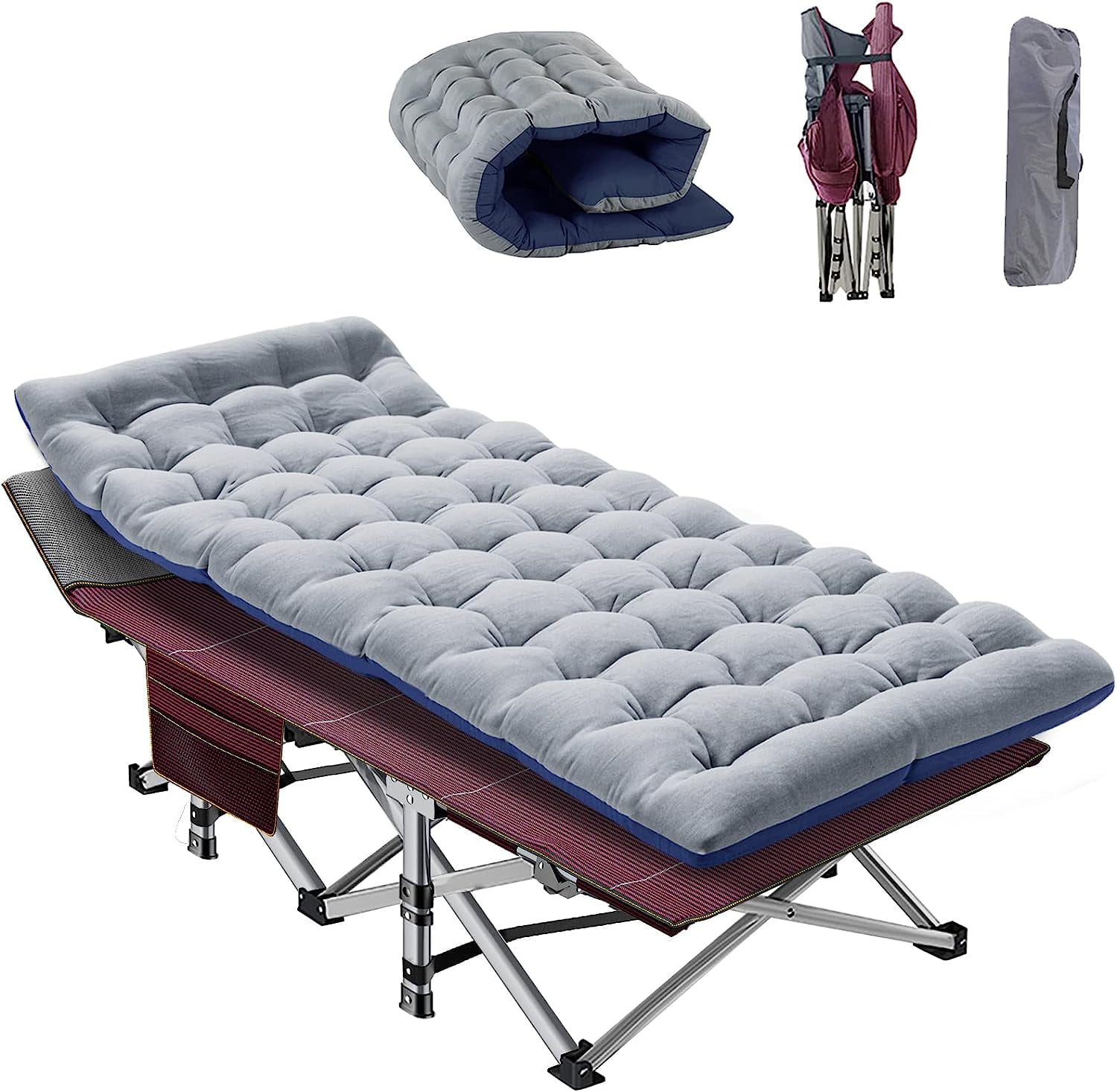 Folding Camping Cot W/Mat for Adults, Heavy Duty Outdoor Bed with Carry