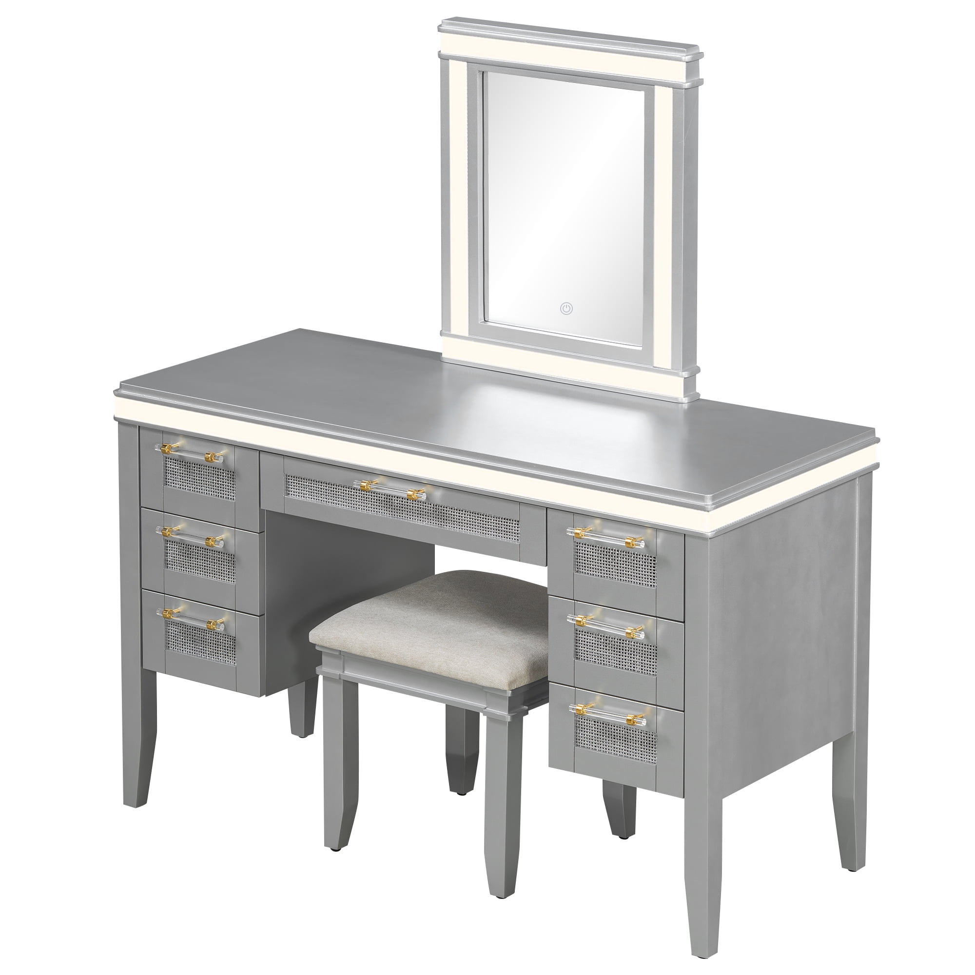 GARITIN 48 Inch Vanity Desk with Mirror & Lights, Makeup Vanity with 7 Drawers & Cushioned Stool, Dressing Table with Hollow Design Drawer, Rubber Wood Legs, Grayish Blue