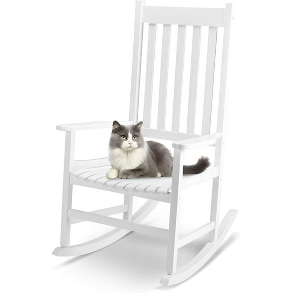 SRJUYK Outdoor Rocking Chair, Solid Wood High Back Rocker, All-Weather Lounge Chair for Porch, Patio, Fire Pit, Garden, Backyard, Deck, Indoor, White