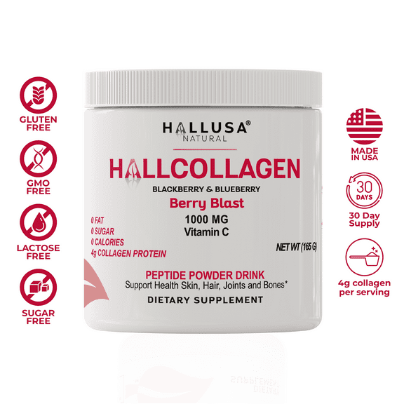 HALLUSA NATURAL Hydrolyzed Collagen Powder with Vitamin C for Skin Hair Joints Bones 30 Servings