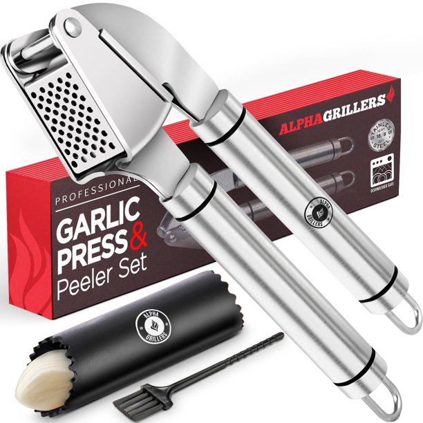 Garlic Press Alpha Grillers de acero inoxidable con pelador de silicona