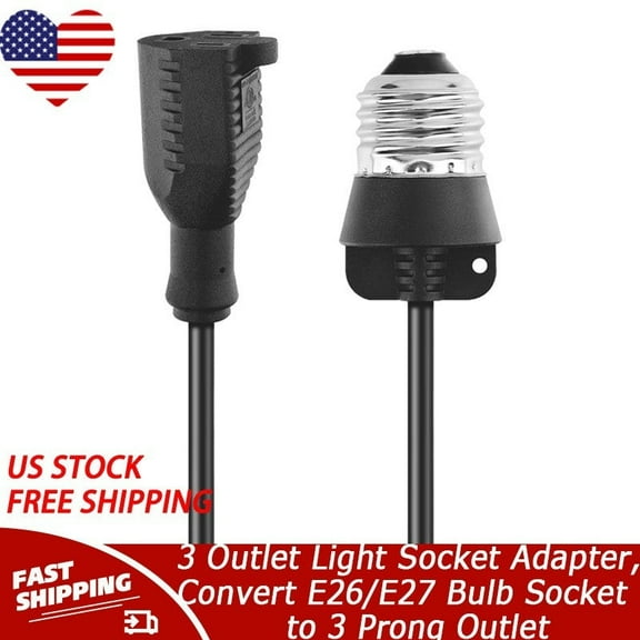 3 Outlet Light Socket Adapter, Convert E26/E27 Bulb Socket to 3 Prong Outlet