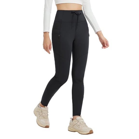 baleaf Women's Fleece Lined Leggings Hiking Ripstop Water Resistant Pants Thermal Warm Winter Tights with Zipper Pockets Cold Weather Gear Black L
