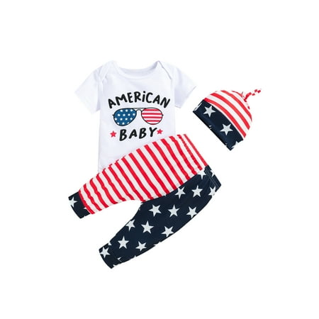 

Sunisery Infant Baby Boys 3Pcs Independence Day Outfits Letter Glasses Romper + Striped Star Pants + Beanie Hat Multi-Color 18-24 Months