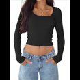 thumbnail image 1 of Top Corto de Larga para Mujer, Cuello Cuadrado, para Salir, Top de Punto Acanalado con Lazo y Encaje de Patchwork. Negro S, 1 of 6