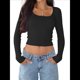 thumbnail image 1 of Top Corto de Larga para Mujer, Cuello Cuadrado, para Salir, Top de Punto Acanalado con Lazo y Encaje de Patchwork. Negro XL, 1 of 6