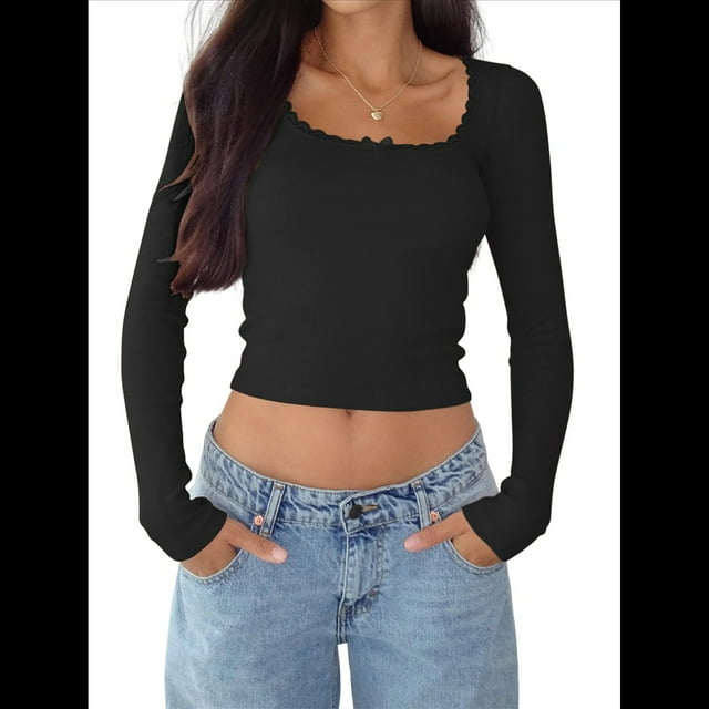 Top Corto de Larga para Mujer, Cuello Cuadrado, para Salir, Top de Punto Acanalado con Lazo y Encaje de Patchwork. Negro S