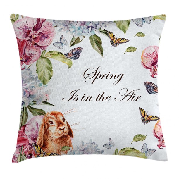 Spring Throw Pillow Cushion Cover, Hyacintha Flowers Rabbits Orchid