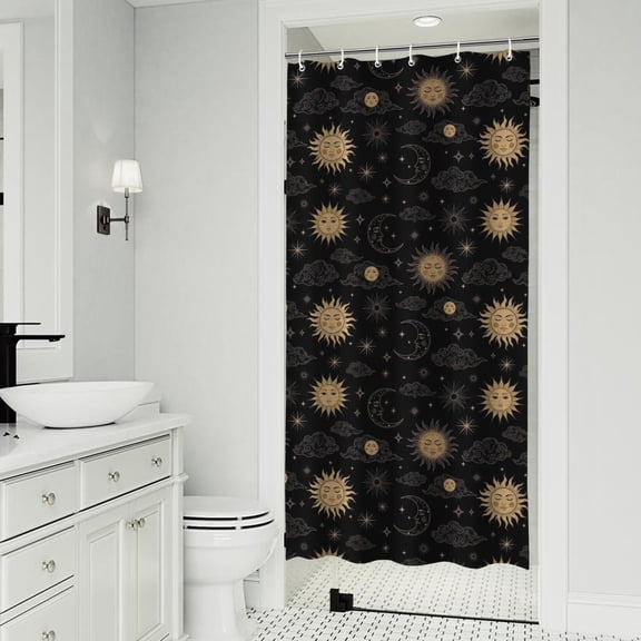 Black Gold Sun Moon Cloud Pattern Shower Curtain 36"x72" ,Bathroom Decorative Shower Curtains Set with 12 Hooks,Modern Waterproof Washable Shower Curtain