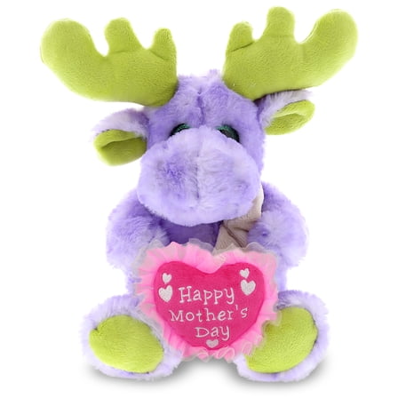 DolliBu Happy Mother's Day Super Soft Plush Sitting Purple Moose with Scarf - Cute Stuffed Animal with Pink Heart Message for Best Mommy, Grandma, Wife, Daughter - Cute Wild Life Plush Toy - 12" Inch