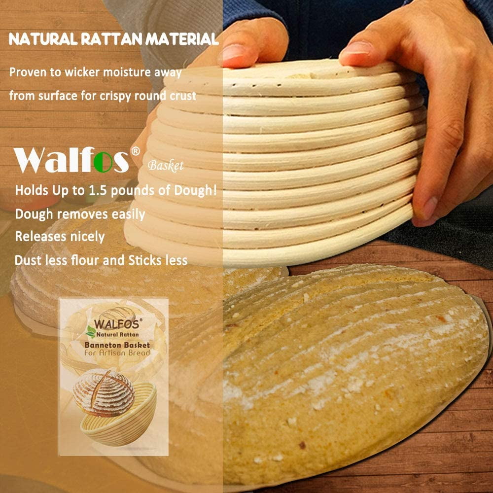 French Style Sourdough Bread Basket Hand Crafted Bread Lame Walfos 10 inch Oval Banneton Proofing Basket Set Professional Bakers 100% Natural Rattan Dough Scraper & Linen Cloth Liner Included 